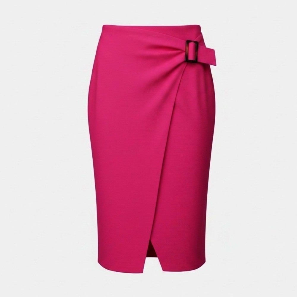 JOA Faux Wrap Pencil Skirt Womens Medium Pink Buckle Front Slit Zipper Back NEW‎